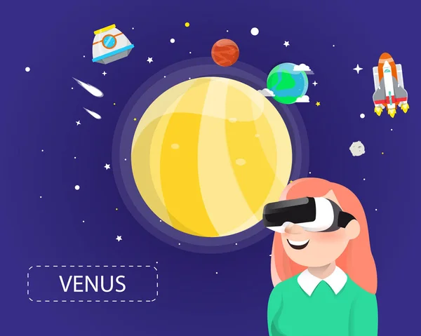 Женщины в очках виртуальной реальности выглядят как Венера во вселенной — стоковый вектор