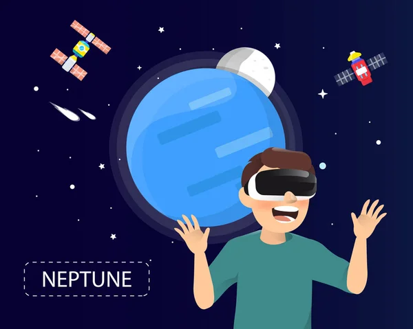 Uomo che indossa occhiali di realtà virtuale cercando neptune nell'universo — Vettoriale Stock