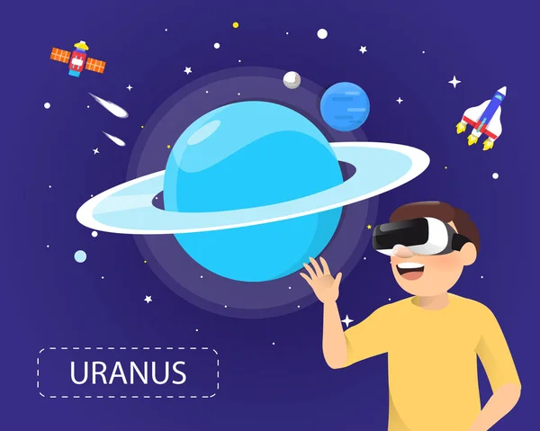 Man met virtual reality bril uitziende uranus in universum c — Stockvector