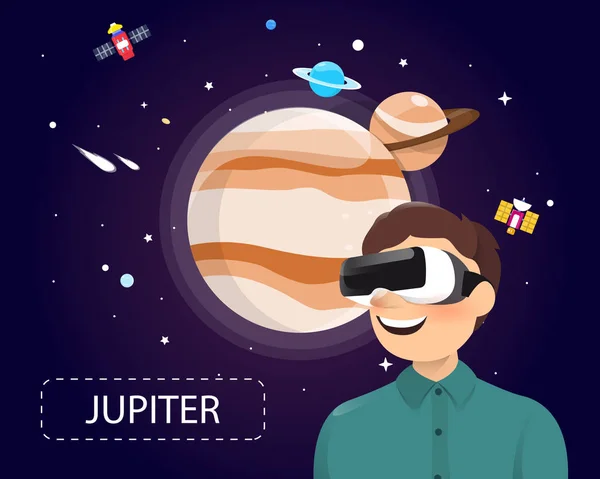 Man met virtual reality bril uitziende jupiter in universum — Stockvector