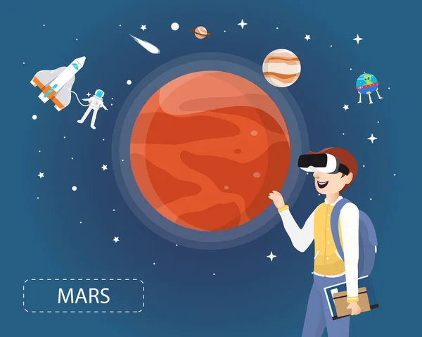 Man met VR bril kijken mars in universum con — Stockvector