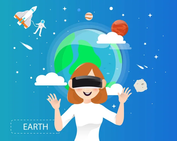 Vrouwen VR-bril op zoek van de aarde in unive — Stockvector