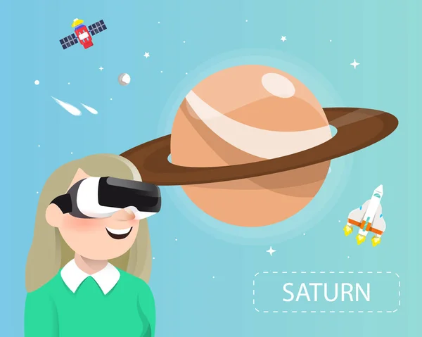 Vrouwen dragen VR bril uitziende Saturnus in universum — Stockvector