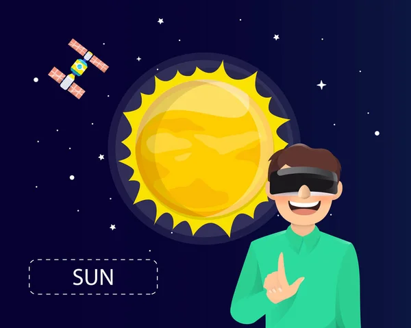 Homme portant des lunettes de réalité virtuelle regardant le soleil dans l'univers — Image vectorielle