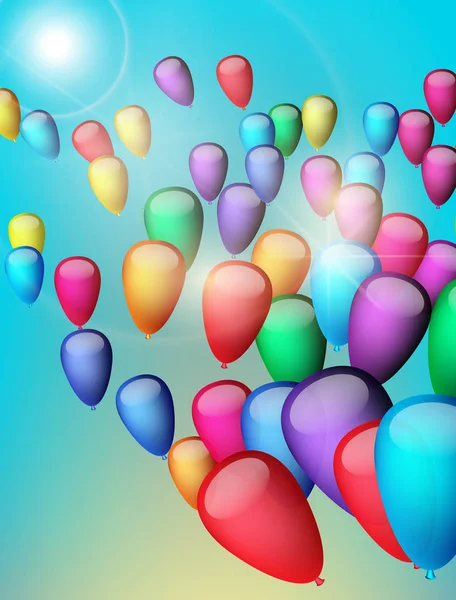 Fondo con globos de colores en el cielo, ilustración. Tarjeta de felicitación — Archivo Imágenes Vectoriales