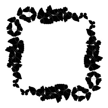 Kelebekler çerçeve. Kare desen, kenarlık. Siyah kelebek üzerinde beyaz izole çelenk.
