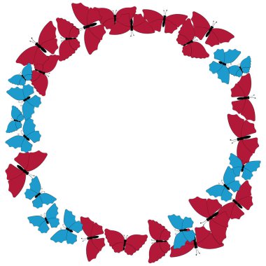 Kelebekler çerçeve. Dairesel desen, kenarlık. Çelenk üzerinde beyaz izole kelebek.