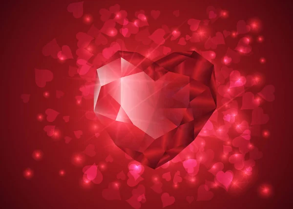 Red gemstone heart shape. Shiny stone design for valentine s day or wedding invitation card. — Stock Vector