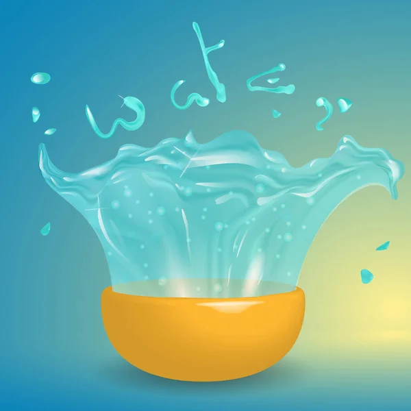 Grappig illustratie met kom en water splash. Cartoon stijl. Water word belettering. Transparant en glanzend water spatten. Water uit een kom spurting — Stockvector