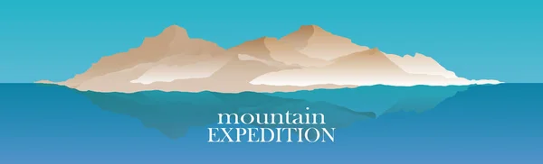 Mountaineering dan Traveling Vector Illustration. Lanskap dengan puncak gunung dan air. Ekstrim Olahraga, Liburan berkemah dan Outdoor Rekreasi Konsep. Ekspedisi pegunungan - Stok Vektor