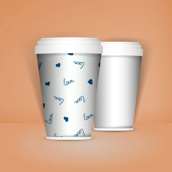 3D Realistic set of paper coffee or tea cups. Mock up. Vector Template. Take away utensil, tableware. Hot drinks mugs. White paper cup and with pattern about coffee love. — Stock Vector