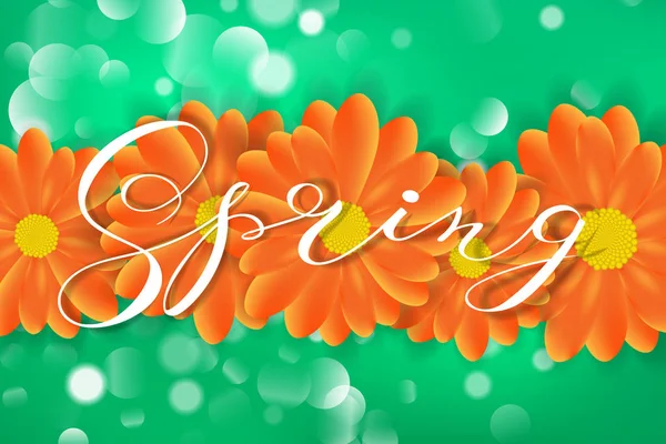 Logotipo de design de letras Primavera. Elemento de tipografia decorativa com flores em fundo verde com bokeh. Rótulo de cores. A primavera está chegando —  Vetores de Stock