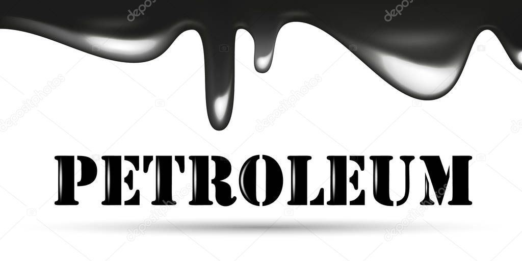 Flowing black oil drops. Petroleum company logotype. Petroleum word