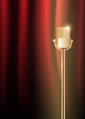 Eski altın mikrofon yağmur yıldız ile ışıklı kırmızı perde arka planı. Retro müzik konsepti. Vektör çizim