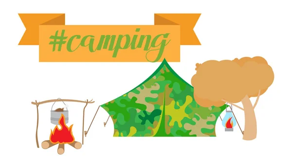 흰색 바탕에 캠핑 컬렉션의 벡터 그림입니다. 포함-텐트, 캠프 파이어, 뜨거운 음식, 나무. 글자와 리본. — 스톡 벡터