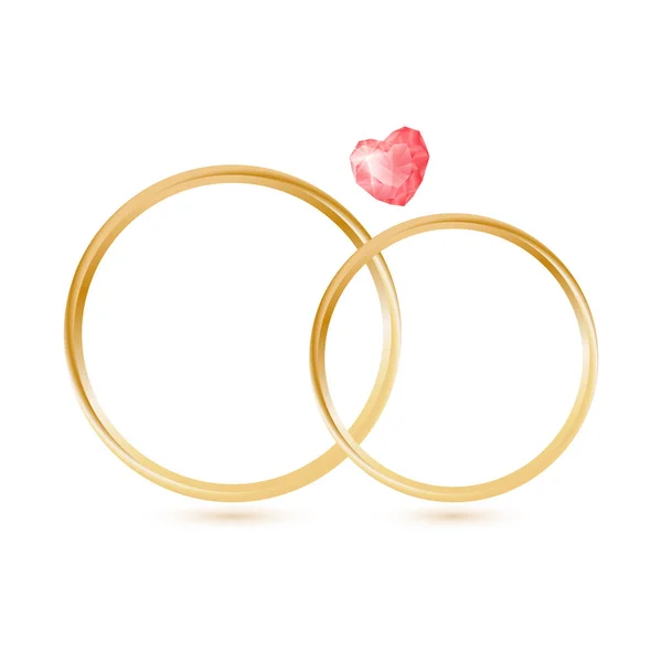 Isolado anéis de ouro do casamento com forma de coração de pedra preciosa — Vetor de Stock