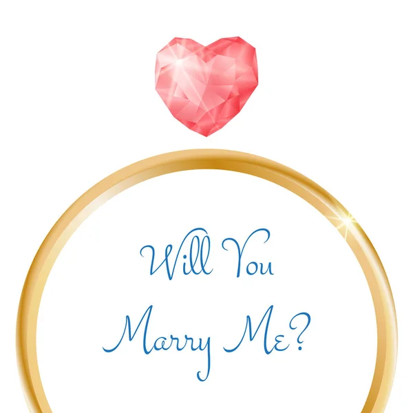Vector engagement card. Will you marry me ring with heart shaped diamond — Stock Vector
