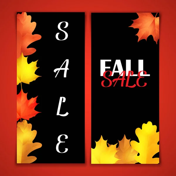 Folheto de venda de outono. Placa preta com letras giz. Folhas realistas de carvalho e martelo — Vetor de Stock