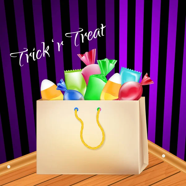 Trick-or-treat. Sac en papier plein de bonbons, bonbons et bonbons. Murs et plancher comme arrière-plan. Affiche vectorielle Halloween . — Image vectorielle