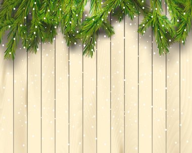 Hafif ahşap arka plan, vektör çizim üzerinde Noel ağaç dalları. Üstten Görünüm. Gerçekçi köknar ağacı sınır, çerçeve. Büyük Noel kartları, afiş, el ilanları, parti posterler için.