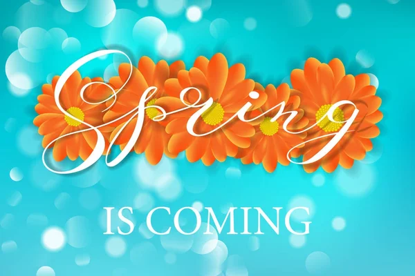 봄 레터링 디자인 로고입니다. Bokeh와 녹색 배경에 꽃 장식 타이 포 그래피 요소. 시즌 색상 레이블입니다. 봄이 오고 있다 — 스톡 벡터