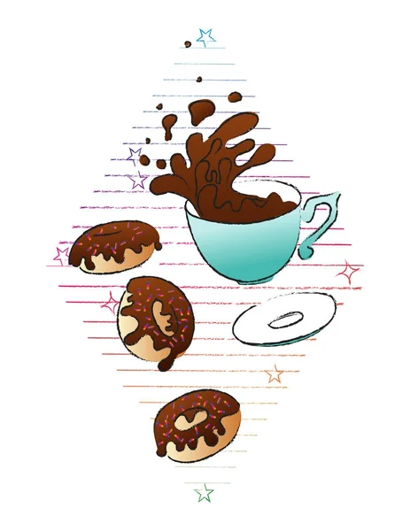 Koffie en donuts concept. Vector hand getekende illustratie. Schets stijl. Geïsoleerde objecten — Stockvector