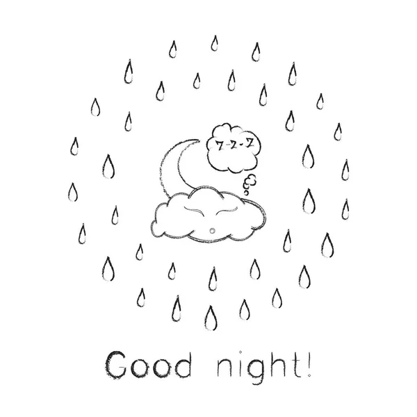 Vektorhintergrund mit Abendhimmel. Mond und Wolke schlafen zusammen. Kinder skizzieren Illustrationen. Sprechblase Gute Nacht — Stockvektor