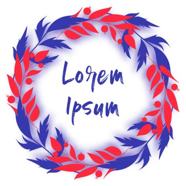 Düz çiçek çelenk. Şirin, renkli vektör kış çiçekleri kartpostal ve poster modern tasarımı için. Elle çizilmiş çelenk kırmızı çilek ve dalları bırakır. Tebrik kartları ve tasarım için yuvarlak çerçeve. Vect