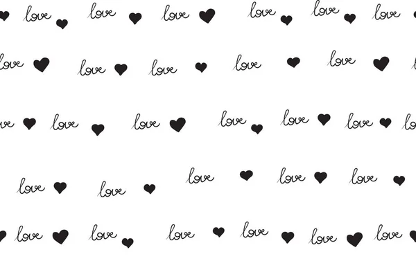 Modèle sans couture vectoriel avec mot d'amour écrit à la main et les cœurs. Design romantique, parfait pour les imprimés et les motifs de la Saint-Valentin — Image vectorielle