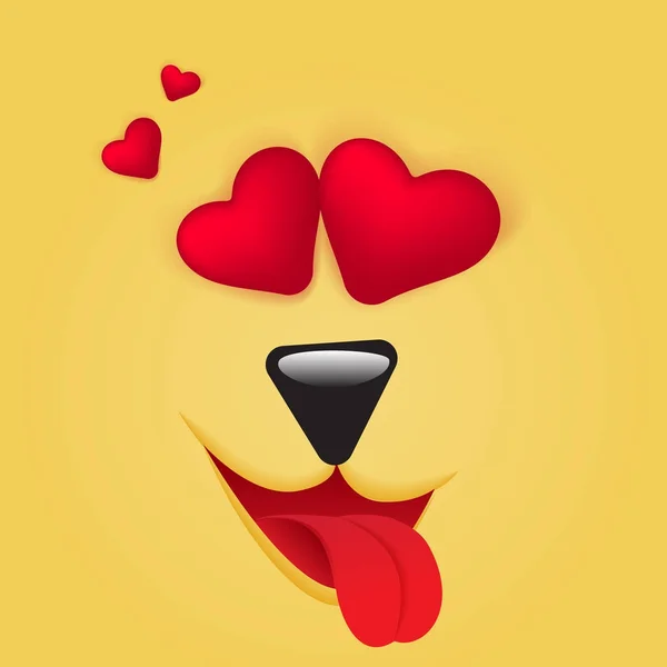 In Love Cute Emoticon cara de perro de cerca con los ojos corazones. Emoji cuadrado. Ilustración vectorial aislada — Vector de stock