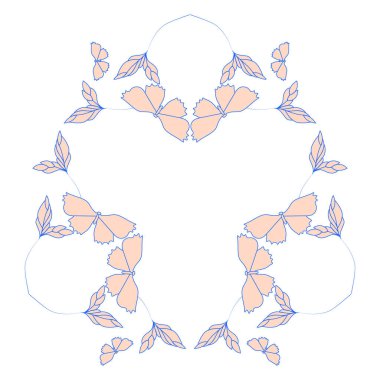 Kelebek ve çiçek çelenk. Vintage kenarlık tasarım öğesi düğün davetiye kartları için. Elle çizilmiş vektör çerçeve