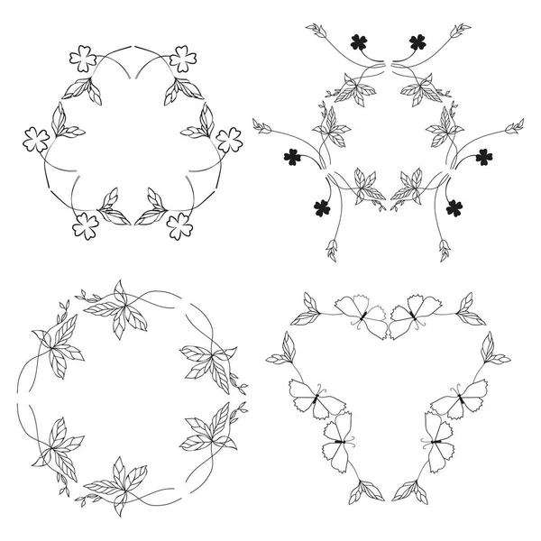 Kranz mit Kleeblättern, Schmetterling und Blüten. Vintage goldene Designelemente für Hochzeits-, Urlaubs- und Grußkarten. Vektorillustration. Handgezeichnetes Vektorset — Stockvektor