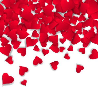 Papercut kalpler Sevgililer s gün kartı arka plan. Küçük düşen veya kağıt konfeti kalp şeklinde tasarım öğeleri sayfa üstünde uçan.