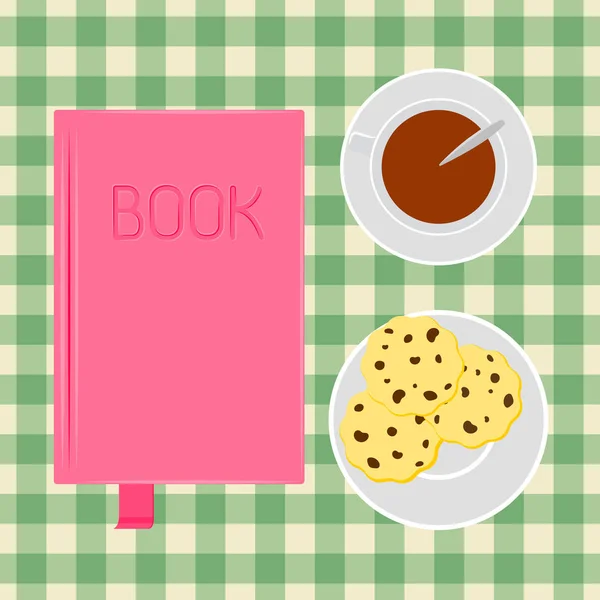 Livro, xícara de café com biscoitos. Ilustração vetorial. Vista superior da mesa. Ilustração vetorial . —  Vetores de Stock