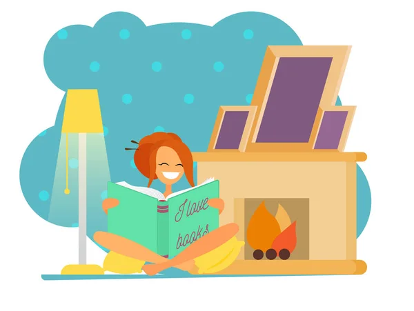 Εικονογραφήσεις του μια όμορφη κοπέλα, κάθεται και διαβάζοντας ένα βιβλίο, πίνοντας τσάι με μπισκότα κοντά στο τζάκι — Διανυσματικό Αρχείο