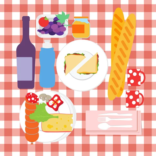 Ayarla şişe şarap ve meyve, Fransız ekmeği ile masa örtüsü ile yaz piknik için gıda — Stok Vektör