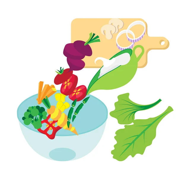 Cooking salad illustration. collection background with mixed sliced vegetables — Stock Vector