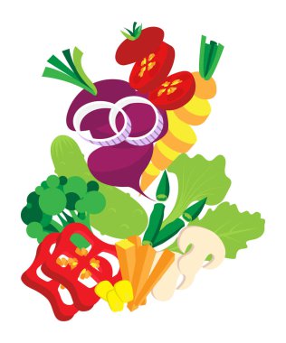 Sebze arka plan ayarlayın. Vektör çizim. Dilimlenmiş kesmek ve çeşitli sebzeler doğranmış.