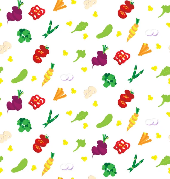 Patrón de verduras sin costura. Fondo colorido. Ilustración vectorial. Comida vegetariana fresca — Vector de stock