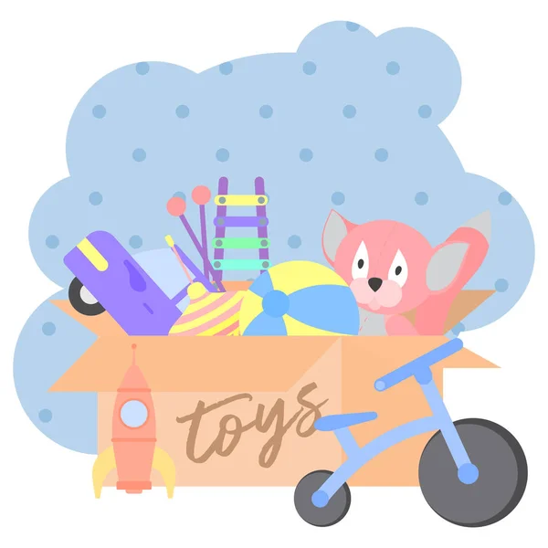 Toy Box, full of children s toys including plush toys, Ball, car, rocket, bike, whirligig, xylophone .Vector flat illustration cartoon.