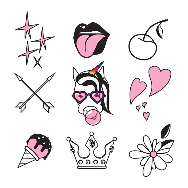 Unicornio vector Icono blanco y negro aislado. Estilo duocolor conjunto con flechas boho, corazones, flores, labios sexy con lengua — Vector de stock