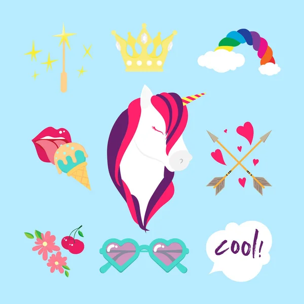 Unicornio icono de color vector plano aislado. Set de estilo con flechas boho, corazones, flores, labios sexy con lengua y helado . — Vector de stock