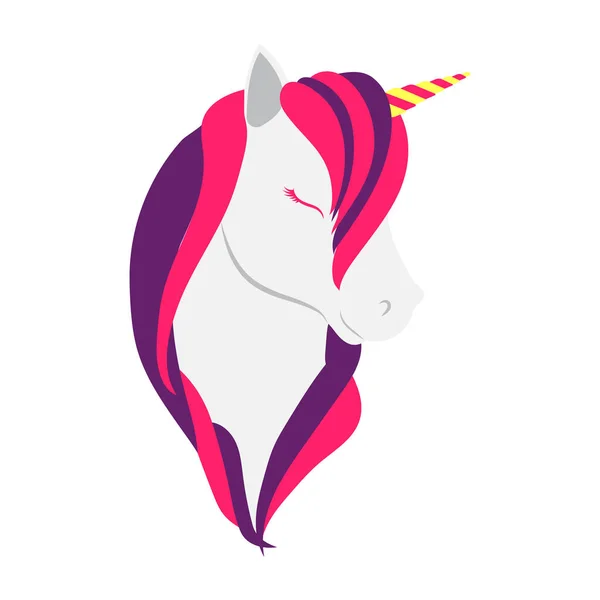 Unicorn kepala terisolasi. Hewan ajaib. Karya seni vektor. Logo hitam dan putih unicorn gaya kartun. Ikon karakter unicorn warna pink dan ungu. - Stok Vektor