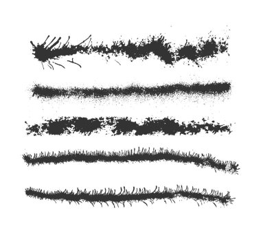 Sprey boya vektör fırçaları ayarlandı. Beyaz Arkaplanda izole elementler, Çizgiler ve Damlalar siyah mürekkep sıçramaları, mürekkep lekeleri koleksiyonu, sokak tarzı. grafiti