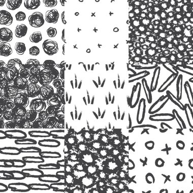 Tekstil tasarımı için çağdaş sanat tasarımı grunge vektörsüz dokusu. Kuru fırçayla çizilmiş. Büyük daire elementleri olan siyah beyaz desenli. Geometri soyutlaması. Parmak izi olarak kullanılabilir.