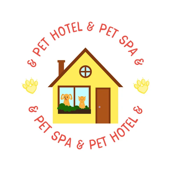 Pet hotel e spa edifício com gato e cão em janelas de estilo plano. Casa para animais de estimação — Vetor de Stock