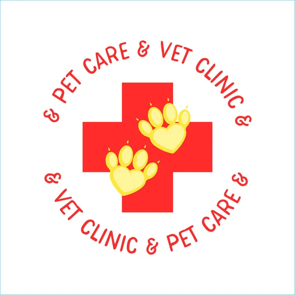 ペット応急処置。赤のクロスと心として足。獣医学クリニックのロゴタイプ。平漫画風 — ストックベクタ
