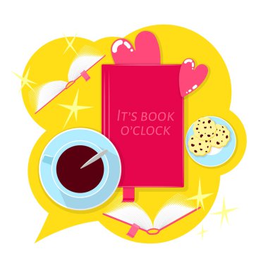 Açık ve kapalı kitapların etrafında uçmak gibi soyut bir konsepte sahip kitaplar okumak ve konuşma balonunda bir fincan kahve, çay ve kurabiye. Bilgi, öğrenme ve eğitim konsepti tasarımı. Serin vektör düzlüğü