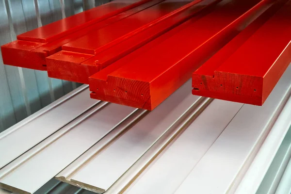 Painted furniture elements in the spray booth. Red enamel. Furniture manufacture — 스톡 사진