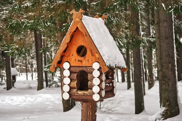 Dřevěná Ptačí Budka Ručně Vyrobená Srub Ptačí Budka Zasněženém Lese — Stock fotografie